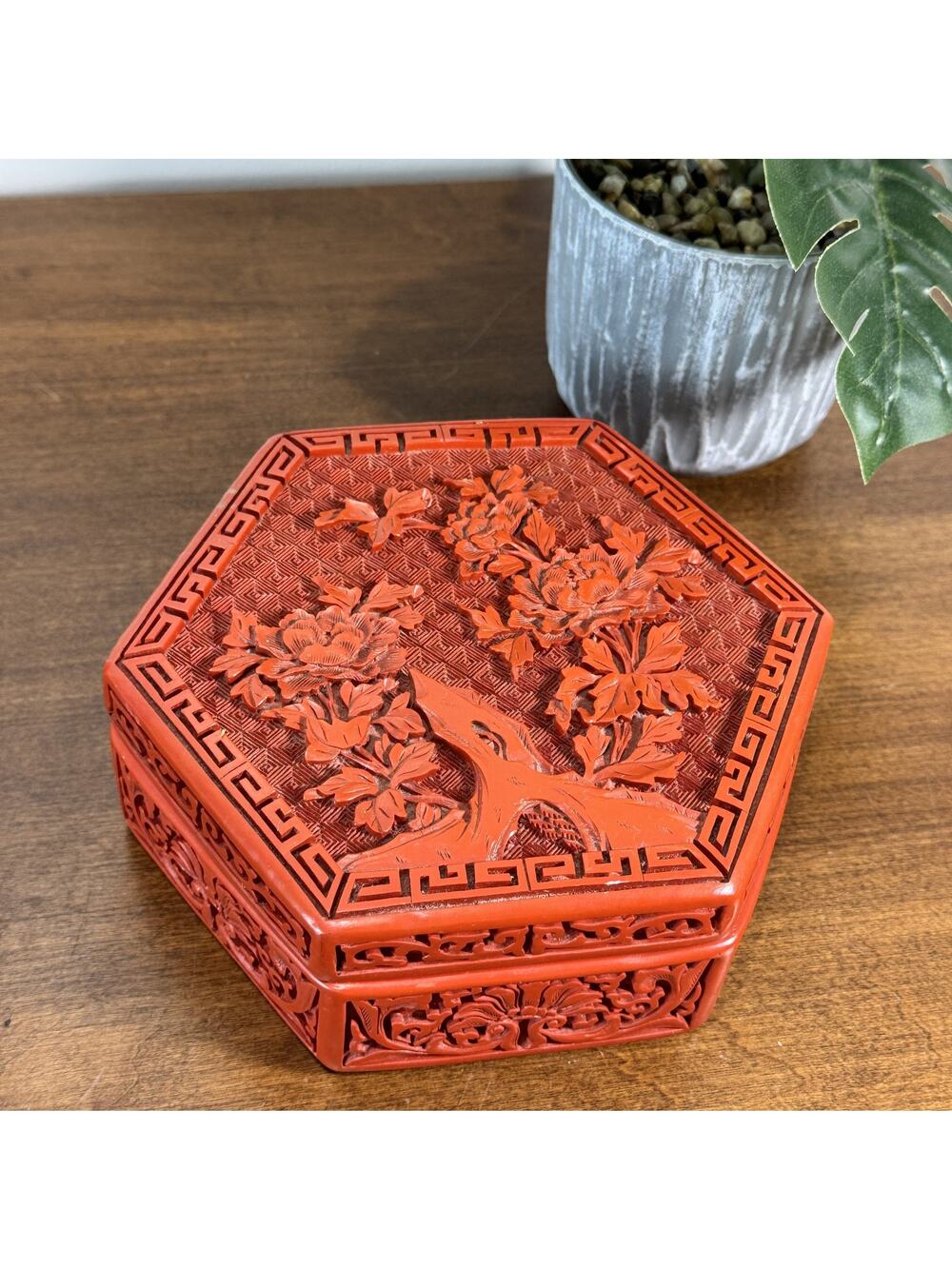 Antique Chinese Carved Cinnabar Lacquer Hexagonal Box Peony Floral Motif